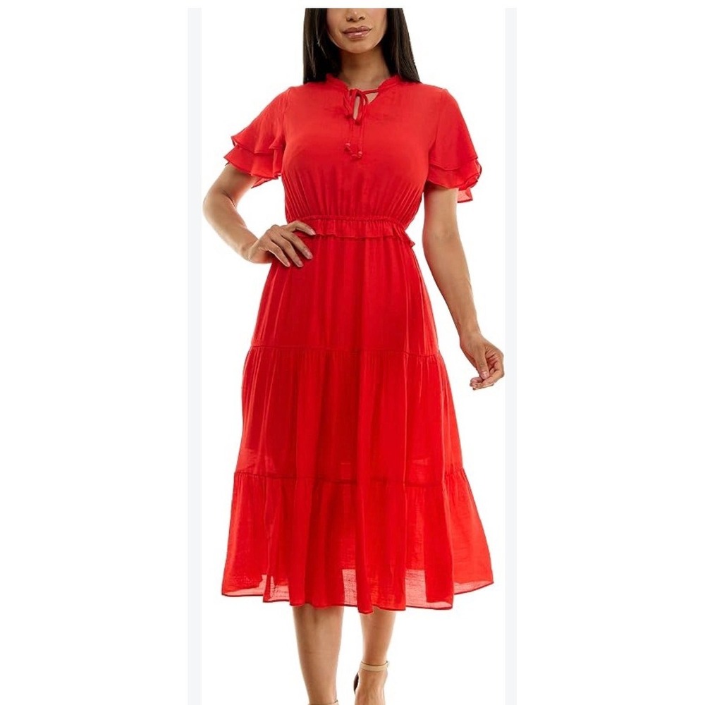 Nanette Lepore Red Tiered Midi Dress Flutter Sleeve Tie Neck Size 4